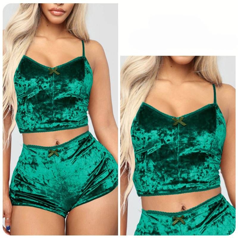 Fraen Intimates Sexy Lingerie Gold Velvet Sexy Suspenders Shorts Pyjamas Zwee Stéck Set_voghion.com