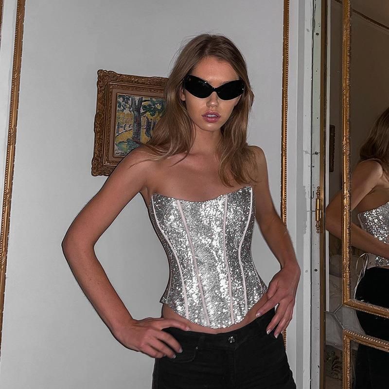 Women's fashion temperament sparkly fishbone waist vest_voghion.com