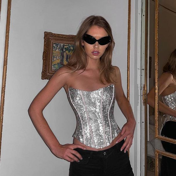 Women's fashion temperament sparkly fishbone waist vest_voghion.com