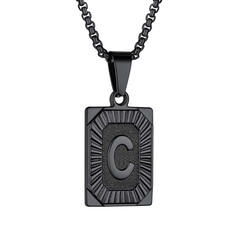 Collier pendentif initial Laatikui Black Dog Tag lettre C en acier inoxydable avec chaîne en forme de boîte et déclaration de nom pour fils, papa, mari_voghion.com
