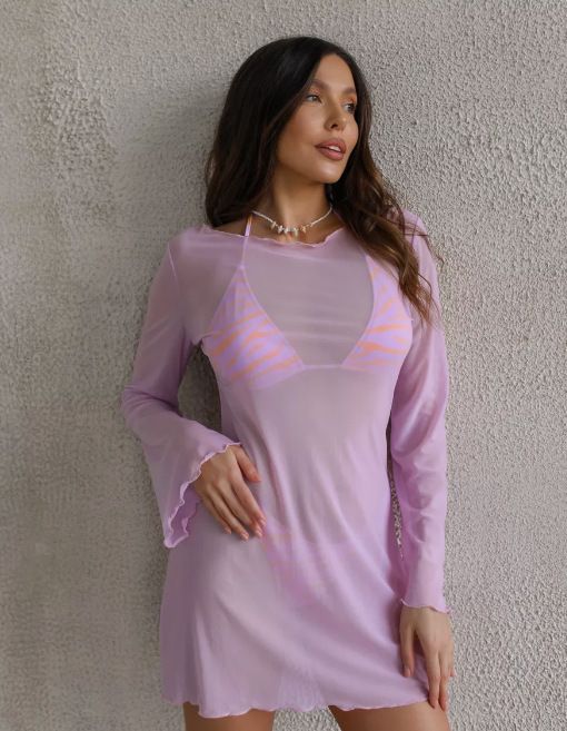 Sheer Mesh Beach Tunic – Lace Cover-Up Dress With Long Sleeves (Black/White/Pink/Animal Print/Rainbow)_voghion.com