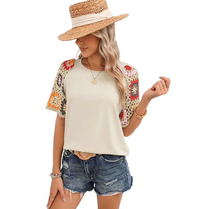 Shiying Spring New Hooded Round Neck T-shirt For Women's Casual Versatile Crochet Short Sleeve Top_voghion.com