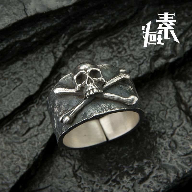 Anello aperto regolabile con teschio da motociclista hip-hop in stile punk_voghion.com