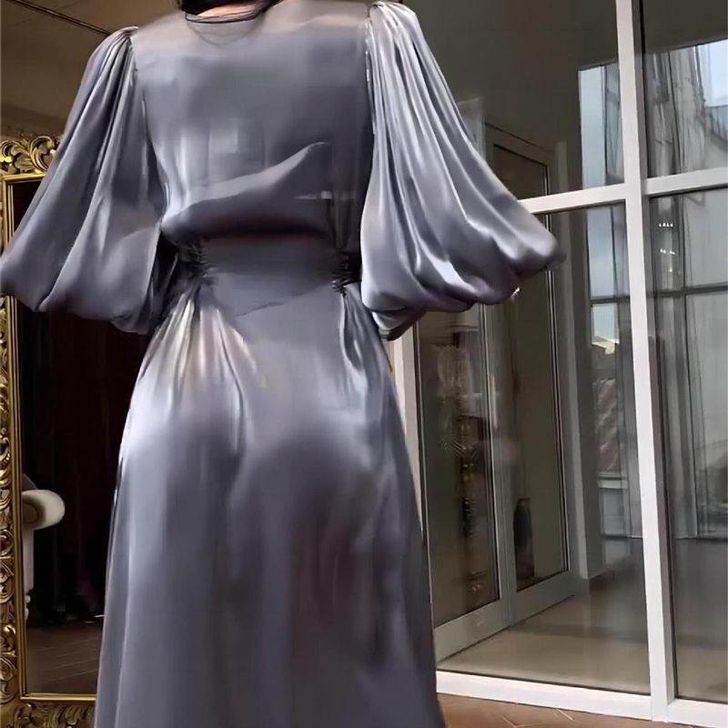 Amazon Europe and the United States 2024 autumn new lantern sleeve long sleeve satin slim-fit lace-up dress female_voghion.com