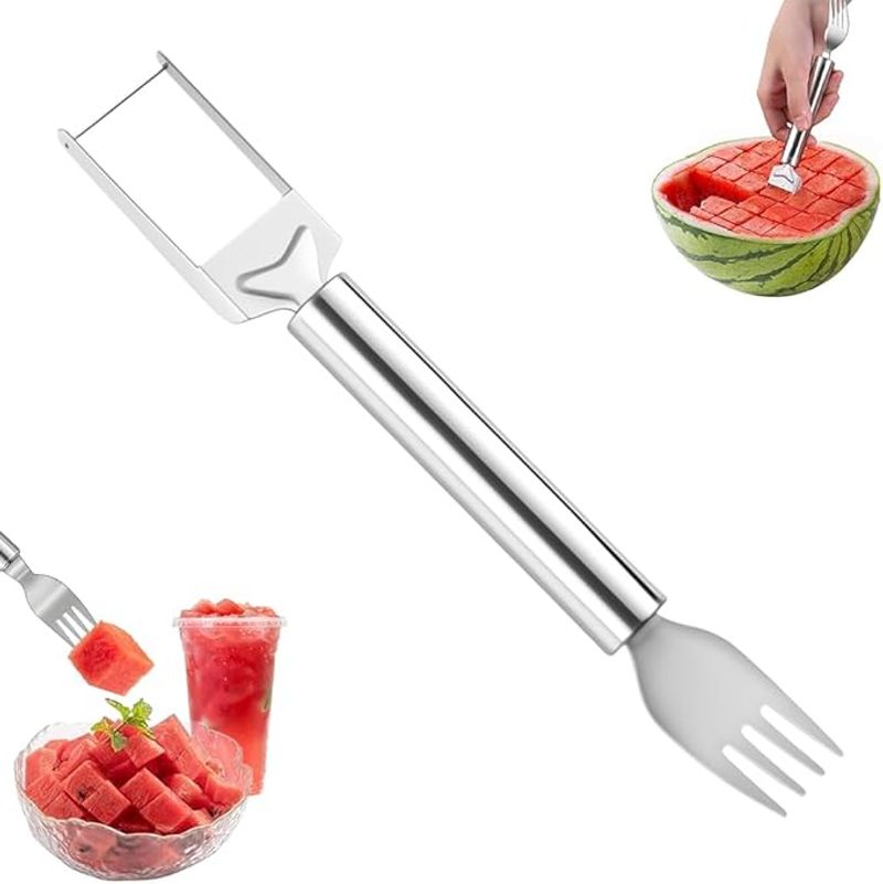 2-in-1 Stainless Steel Fruit Cutter, Watermelon Fork Slicer Tool, Watermelon Slicer And Fork, Dual Head Knife With Round Handle_voghion.com