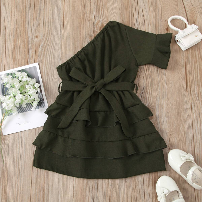 ​​"Girls' Off-Shoulder Tiered Dress With Bow Tie – 100% Polyester, A-Class Safety, Summer & Spring Elegance For Ages 3-8 (90-130cm)"​​_voghion.com