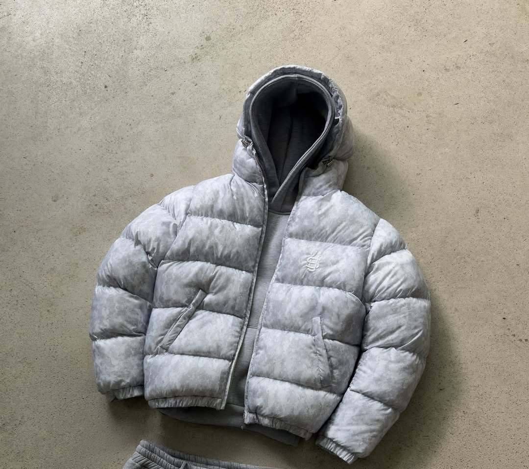 Men's Winter Puffer Jacket With Geometric Print, Thickened Hooded Short Coat, 80% White Duck Down Filling, Lightweight Polyester Shell (Black, Grey)_voghion.com