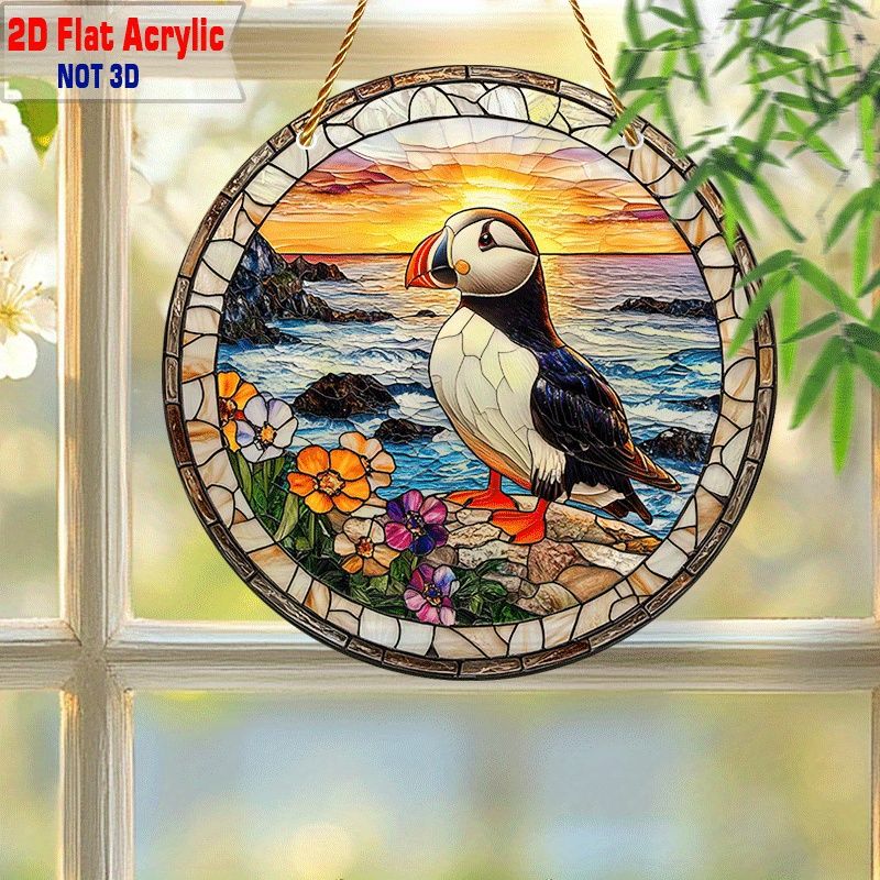 8" Papageientaucher-Sonnenfänger - 2D-Acryldekor mit Küstenmotiven. Perfekt für Veranda/Arbeitszimmer/Wohnzimmer. Lebendiger Akzent im Garten. Ideales Geschenk für Vogelliebhaber._voghion.com