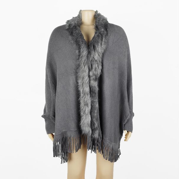 Wind autumn/winter tassel shawl fur collar cape solid color knitted sweater jacket_voghion.com
