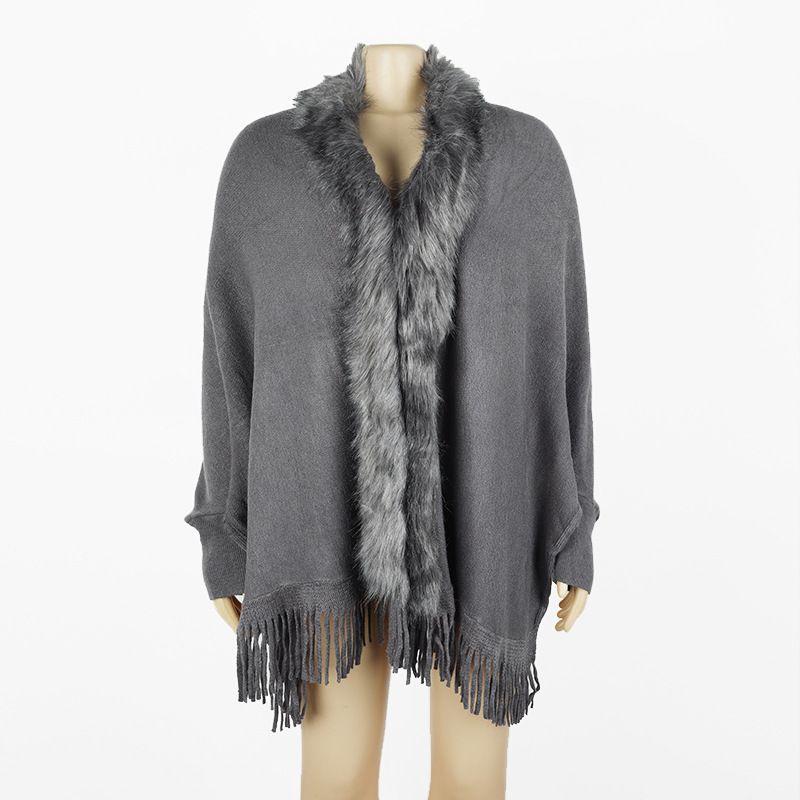 Wind Herbst/Winter Quaste Schal Pelzkragen Cape einfarbig gestrickte Pullover Jacke_voghion.com