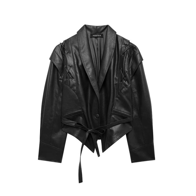 Trendige Kunstlederjacke mit Gürtel für Damen – V-Ausschnitt, lange Ärmel, Streetwear-Chic (XS/S/M/L, Schwarz und Dunkelbraun)_voghion.com