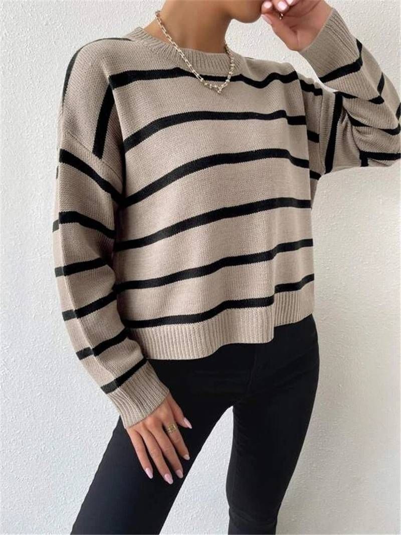 Casual Sweaters For Women Basic Striped Round Neck Long Sleeve Loose Pullover Crop Tops Fall Winter Jumpers Streetwear_voghion.com