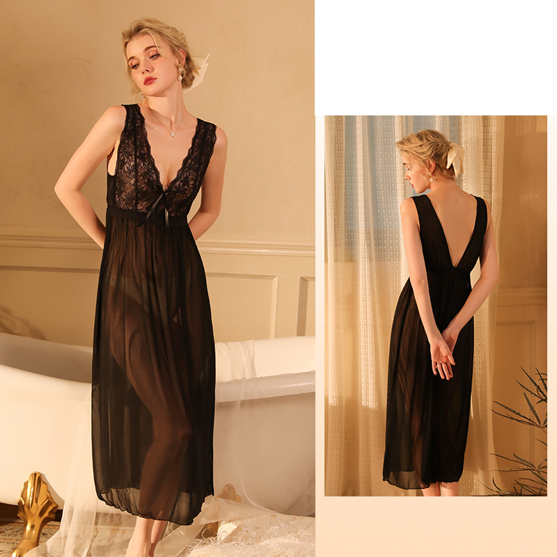 Women's Sleepwears Sexy Mesh See Through Temptation Pajamas Long Fairy Pure Desire Hot Nightdress Sweet Home Clothes Suit 419_voghion.com