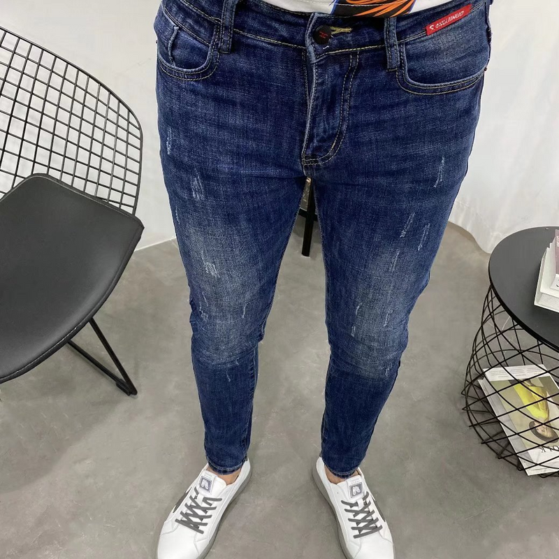 Jeans aderenti blu scuro a nove punte per uomo, per autunno e inverno, con etichetta, per uomo con piedi magri, pantaloni lunghi da uomo giovani, snelli ed energici_voghion.com