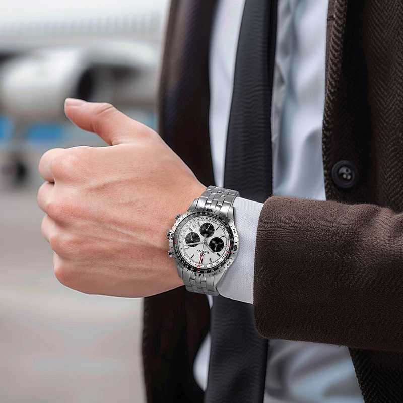 Montre chronographe BERNY argentée pour homme, montre à quartz multifonction avec tachymètre, date, acier inoxydable, étanche, saphir lumineux_voghion.com