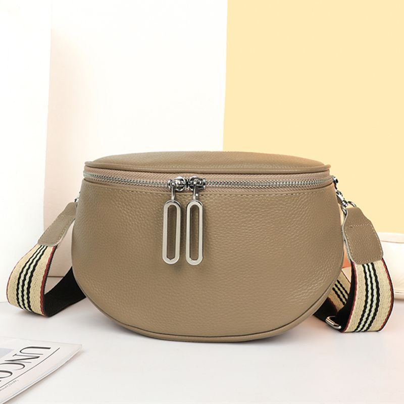 Fashion Semi Circle Soft Genuine Leather Women's Tote Bag Long Zipper Handbag Fashion Cow Leather Ladies Shoulder Crossbody Bags_voghion.com