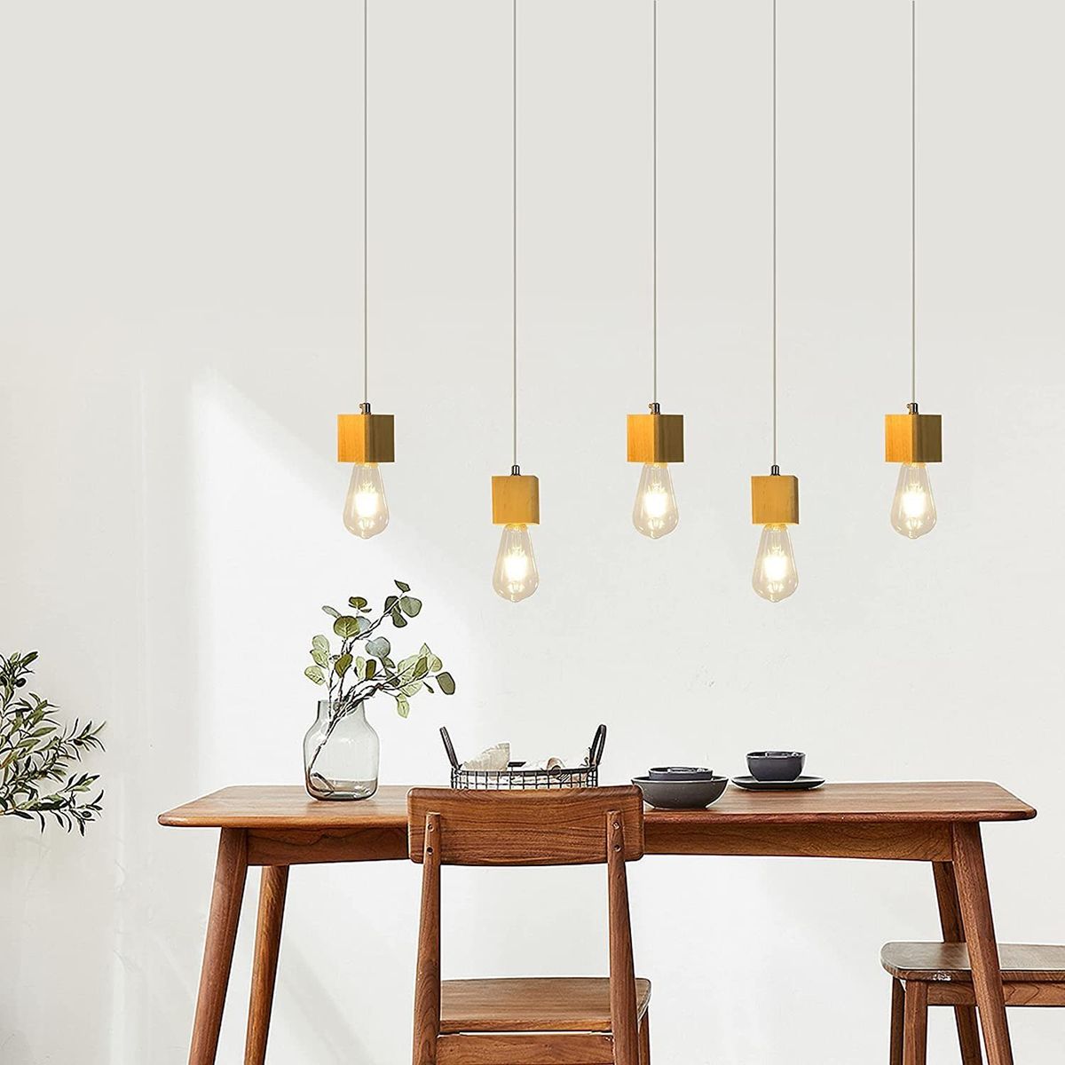 Glitzerlife Pendelleuchte 5 Flammig Holz Esstischlampe - Vintage Hängelampe Esstischlampe Hängeleuchte E27 Pendellampe Für Esszimmer Wohnzimmer Küchen Restaurant_voghion.com