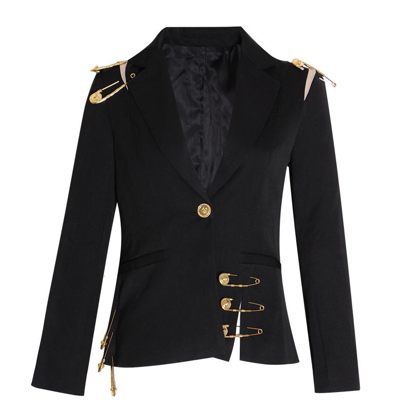 Women's Clothing Large safety pin decorated suit fashionable mesh stitching long sleeve slim fit jacket_voghion.com