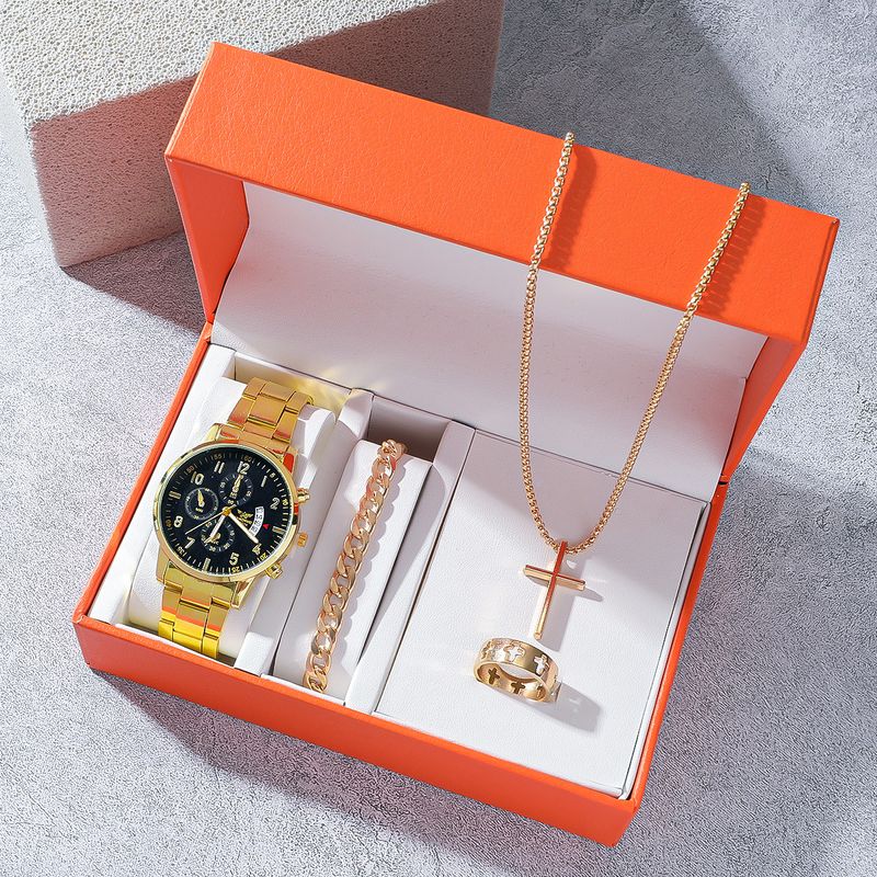 Orologio da uomo al quarzo con cinturino in acciaio di alta qualità, con croce semplice in oro, collana, bracciale e anello._voghion.com