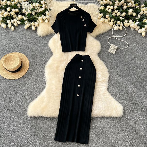 Senior Sense Wear med små røgelsesvind metalspænde rund hals kortærmet strikket top tæt wrap hoftenederdel todelt sæt_voghion.com