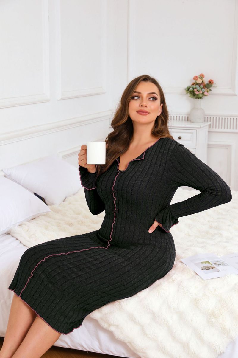 Large size women's home clothes  Xiyin Keng striped sleeping skirt autumn and winter new collection_voghion.com