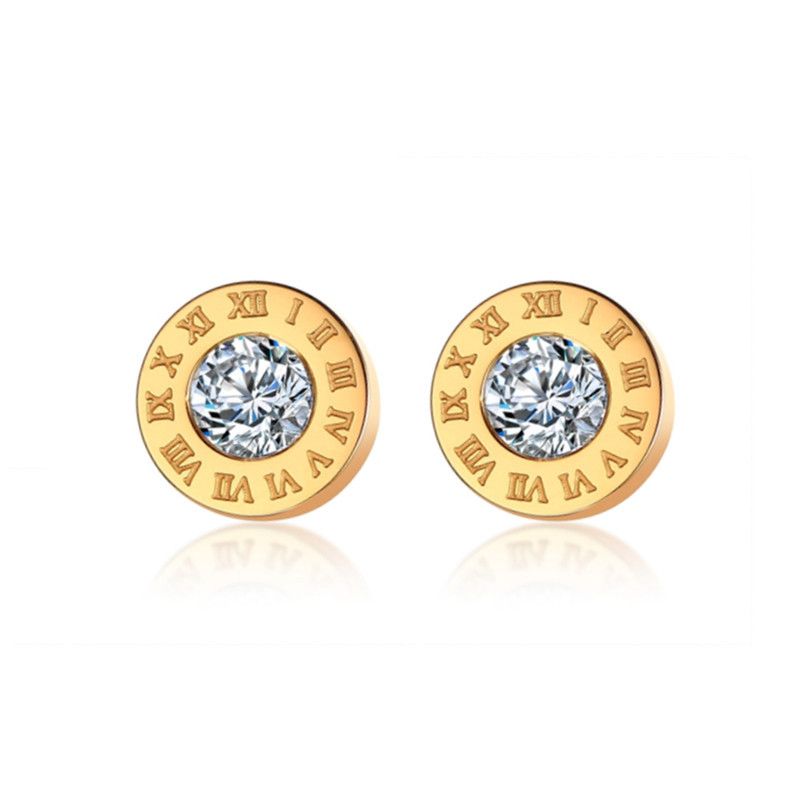 Classical Trendy Cubic Zirconia Roman Numerals Double Circle Stud Earrings Titanium Steel Rose Gold Wedding Earring Jewelry_voghion.com