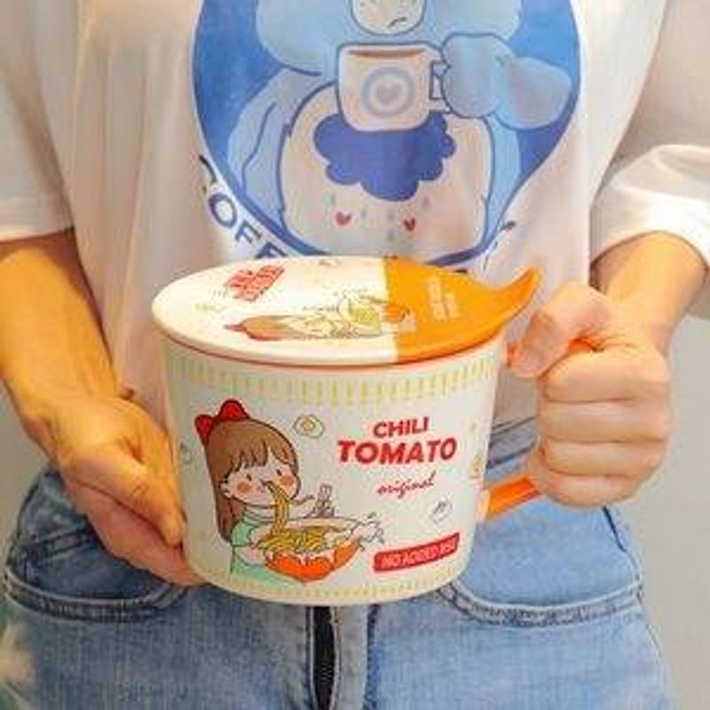 Microwave ceramic instant noodle bowl with lid for dormitory students_voghion.com