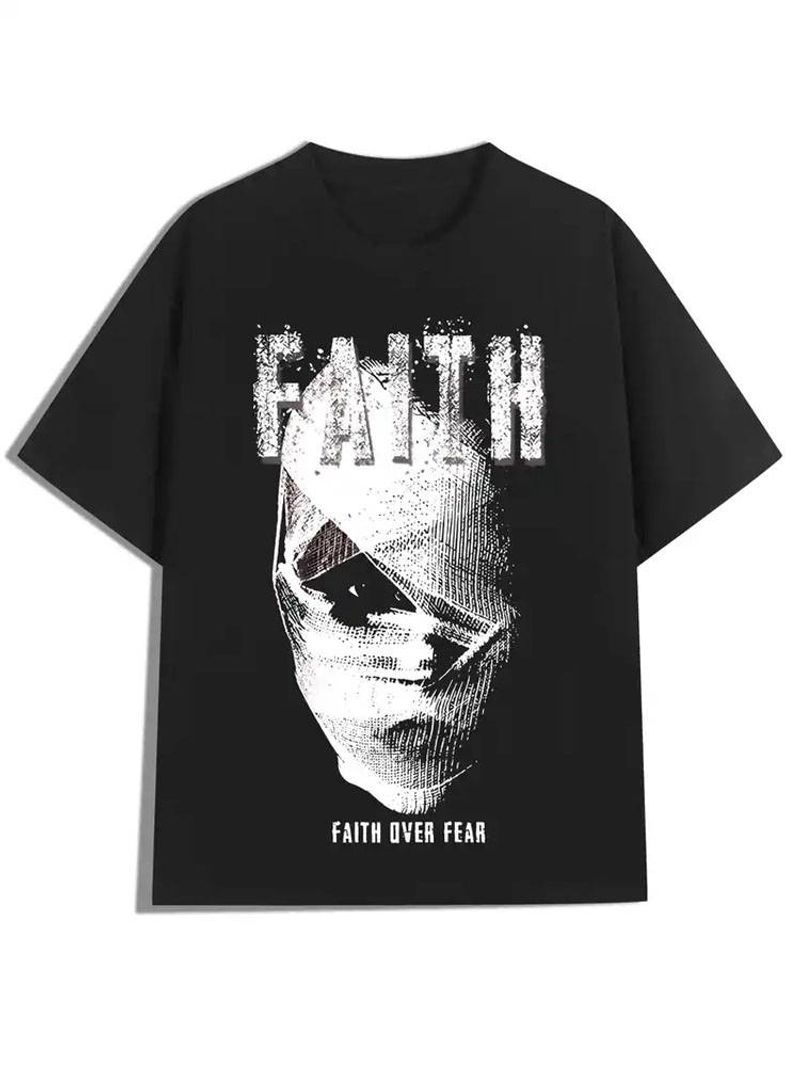 Men's Casual Round Neck 240g Cotton T-shirt With Faith Portrait Print | Pure Cotton Slightly Elastic Four Seasons Breathable And Durable Short Sleeve_voghion.com