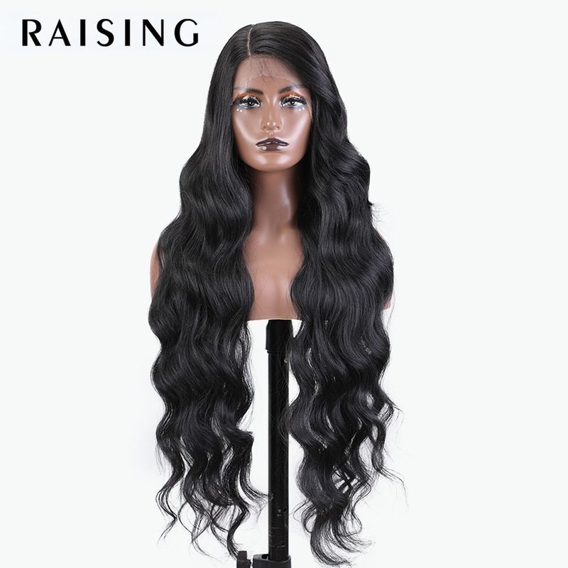 Handgewebte Front Lace Perücke Kopfbedeckung Rebecca langes lockiges Haar Chemiefaser Kopfbedeckung T-förmige Spitze_voghion.com
