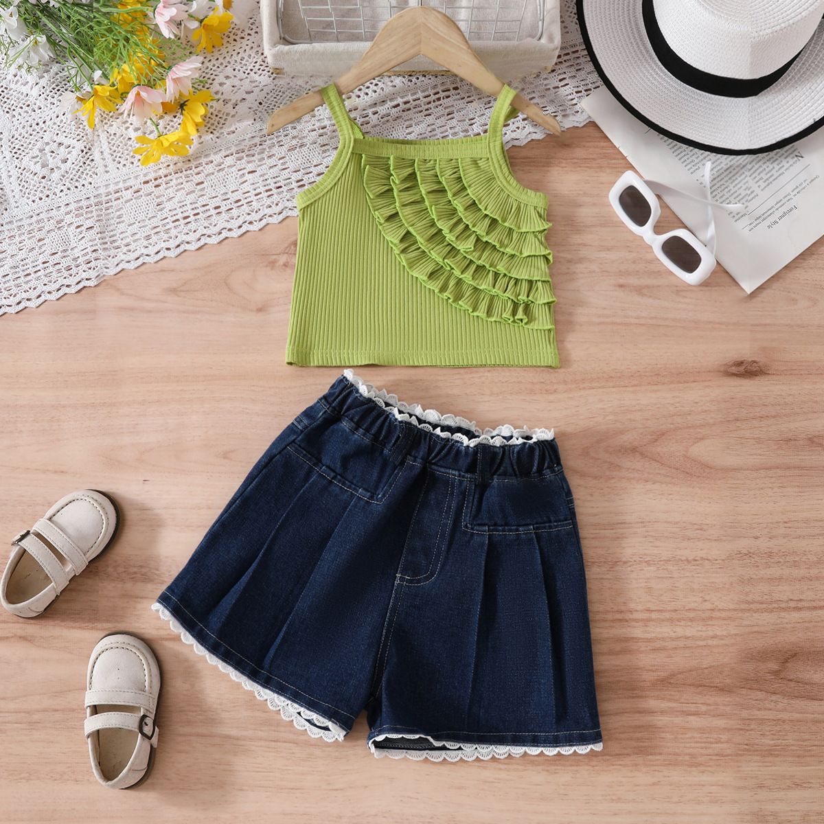 Dětské oblečení, letní dívčí květinově krajkové pletené vesty, džínové kraťasy, stylový dvoudílný overal pro miminka_voghion.com