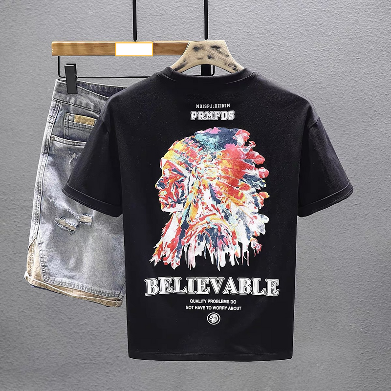 Men's Clothing retro printed cotton short sleeved T shirt men's 2024 new spring trend loose versatile T shirt bottoming shirt_voghion.com