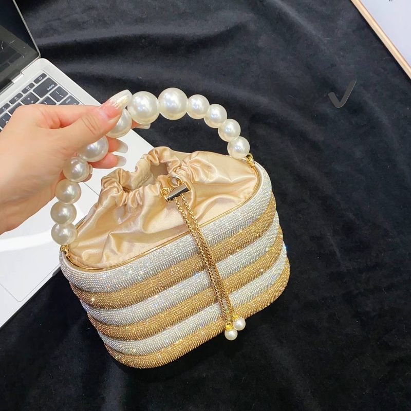 French shiny color matching rainbow basket birdcage pearl metal silk satin bucket hand held crossbody bag_voghion.com