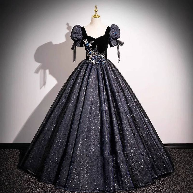 Women's Clothing Evening Dress Black Heavy New Puff Sleeve Vocal Art Examination Performance Host Dress_voghion.com