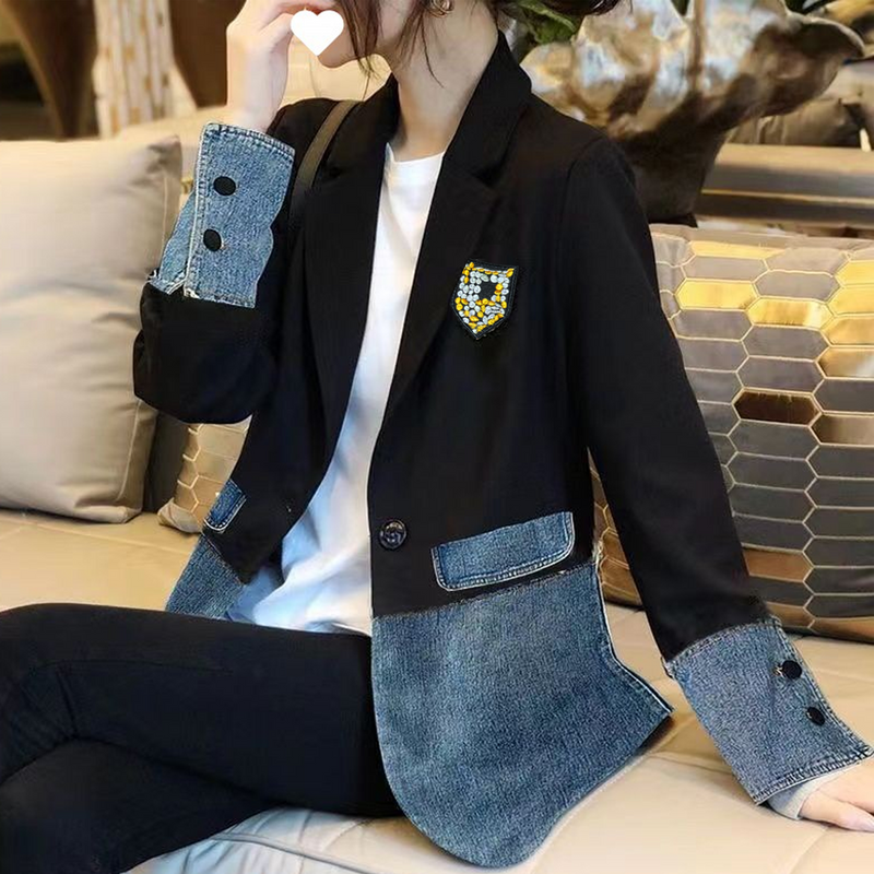 Women's Clothing Small suit women's jacket new Korean version of the British style denim niche leisure temperament splicing suit small_voghion.com