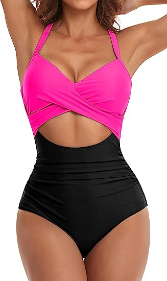 One Piece Contrasting Color Patchwork And Sexy Hollow Out Swimsuit With Adjustable Cross Strap Base_voghion.com
