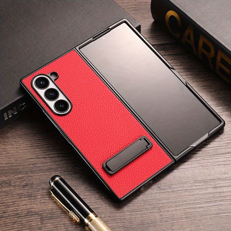 Simple business personality creative hidden bracket litchi leather pattern suitable for zfold6 folding mobile phone case anti-fall_voghion.com