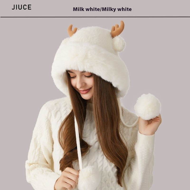 Antlers Knitted Hat For Women In Winter, Thickened With Velvet Ear Protection, Hairy Collar, Knitted Hat, Big Head Cartoon Warm Hat_voghion.com