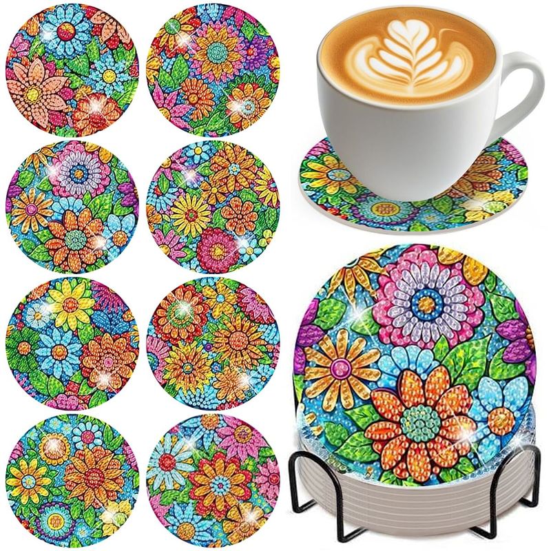 16pcs Floral Diamond Painting Coasters Set, 5D Mandala DIY Diamond Painting Coasters With Cork Pad And Stand, Handmade Rhinestone Painting With Tools, Art Crafts Gift For Beginners Adults_voghion.com