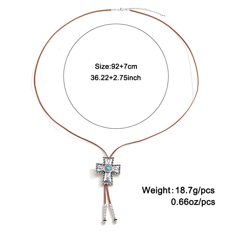 Collana con croce turchese retrò da donna, in pelle alla moda, con corda, non sbiadisce, catena per maglione retrò Love_voghion.com