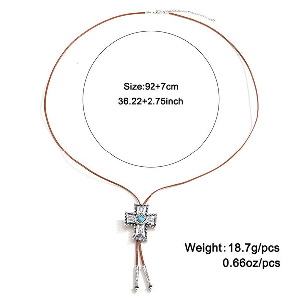 Collana con croce turchese retrò da donna, in pelle alla moda, con corda, non sbiadisce, catena per maglione retrò Love_voghion.com