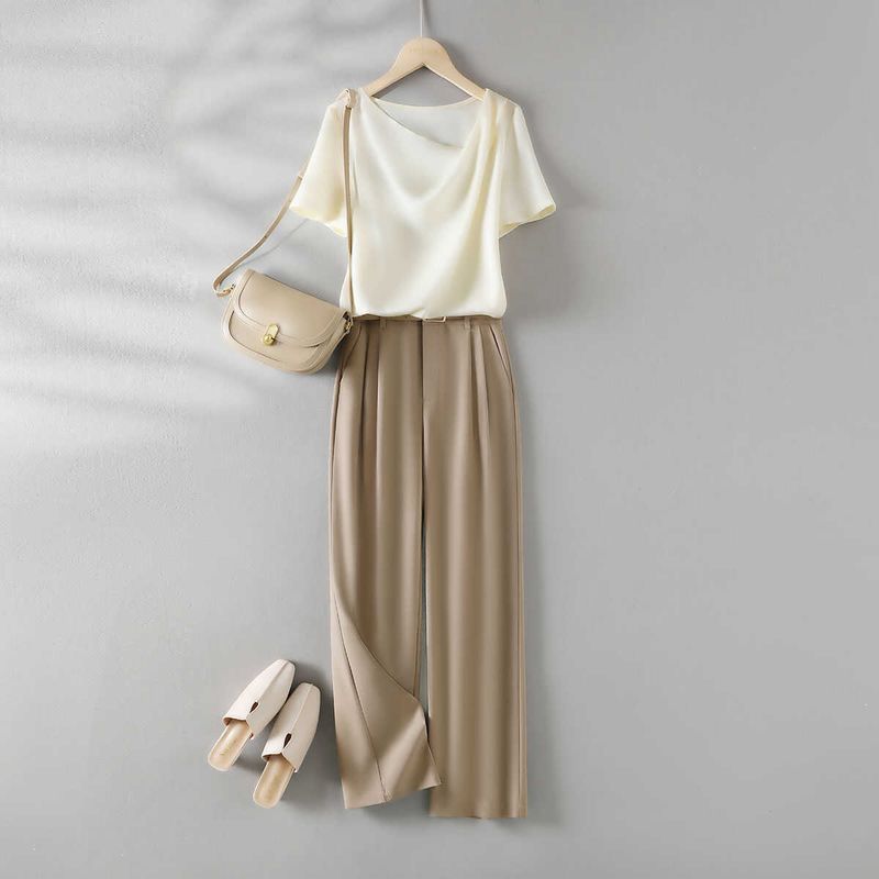 Damenbekleidung Swing Collar Design Kleines Hemd Gerade Hose Zweiteiliger Anzug Damen Sommer Neue Oberteile und Hosenanzüge_voghion.com