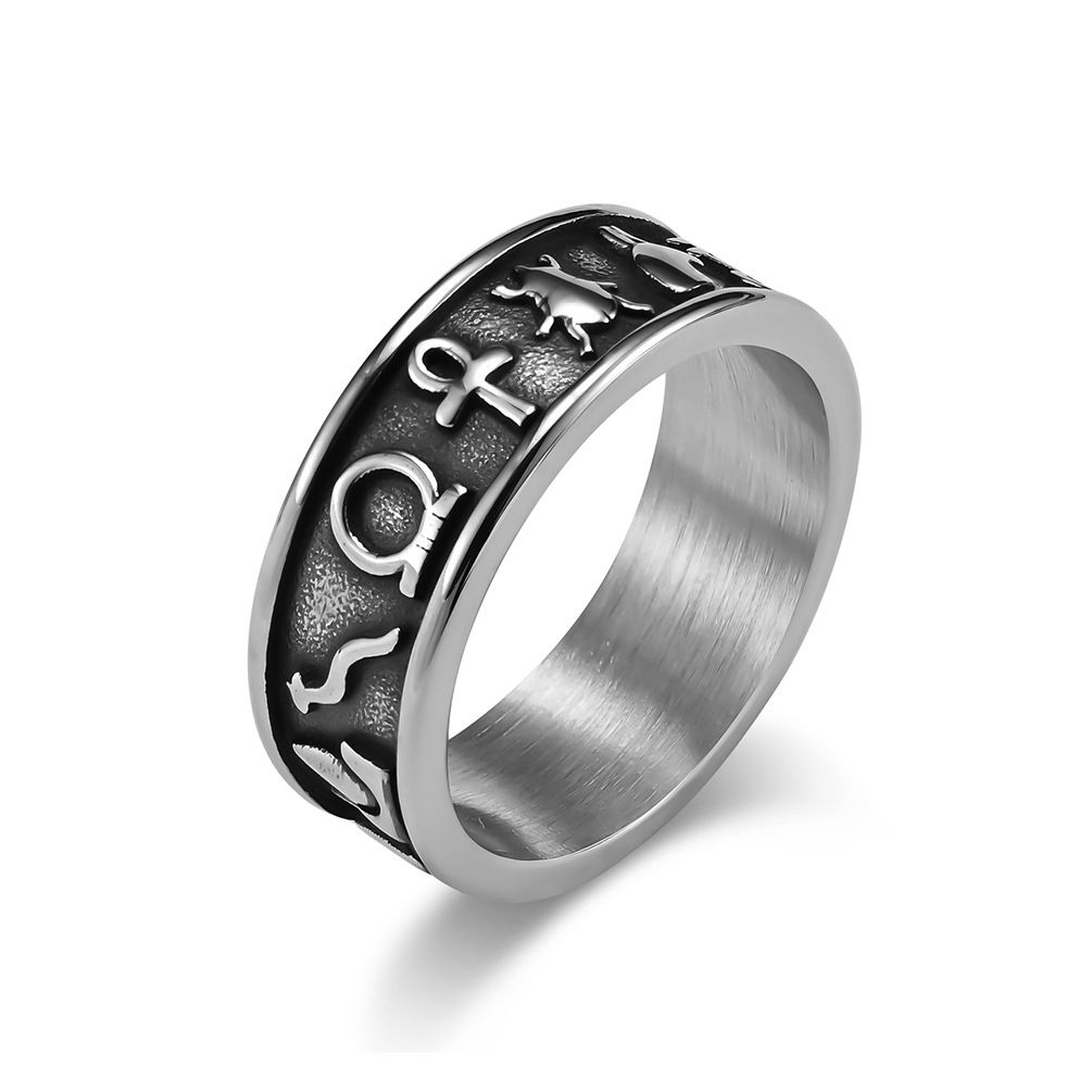 Anel masculino de aço titânio anel antigo egípcio ankh pena símbolo da sorte anel_voghion.com