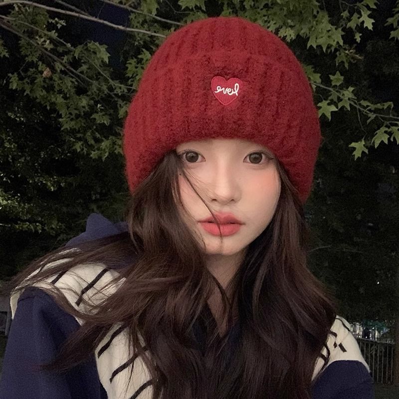 Ancora rossa con cuore ricamato per autunno e inverno, cappello con ampia circonferenza della testa, versione oversize, calda protezione per le orecchie_voghion.com