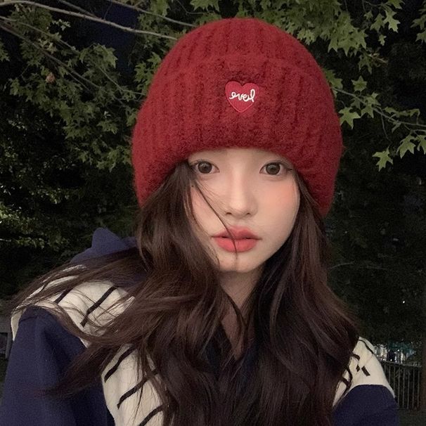 Ancora rossa con cuore ricamato per autunno e inverno, cappello con ampia circonferenza della testa, versione oversize, calda protezione per le orecchie_voghion.com