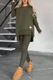Damenbekleidung Rundhalsausschnitt Lässiger einfarbiger Anzug Geteilter Saum Langarm-Tunika-Set – Minimalistisches Rundhals-Freizeitoutfit für Herbst und Winter_voghion.com