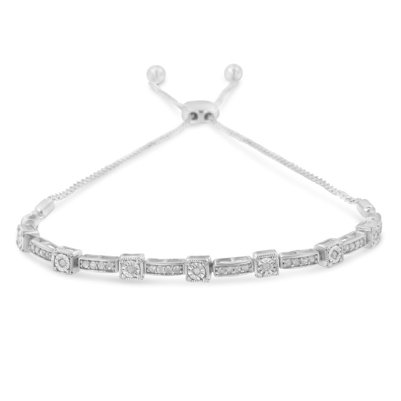 .925 Sterling Silver 1/4 Cttw Diamond 4'-10' Adjustable Bolo Alternating Square and Rectangle Bolo Bracelet (I-J Color, I3 Clarity)_voghion.com