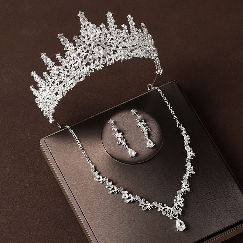 Krone Kopfschmuck Halskette Ohrringe Retro atmosphärische Strass Geburtstag Krone Haarschmuck Braut Hochzeitskleid dreiteiliger Anzug_voghion.com
