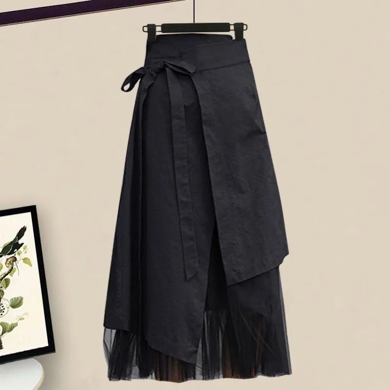 Vêtements pour femmes Costumes de printemps Grande taille Élégant Patchwork Chemise Hauts Jupe mince Costume deux pièces_voghion.com