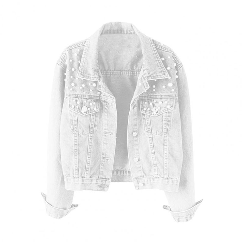 Giacca di jeans da donna moda autunnale manica intera bottoni larghi perle bavero corto selvaggio casual monopetto solido_voghion.com