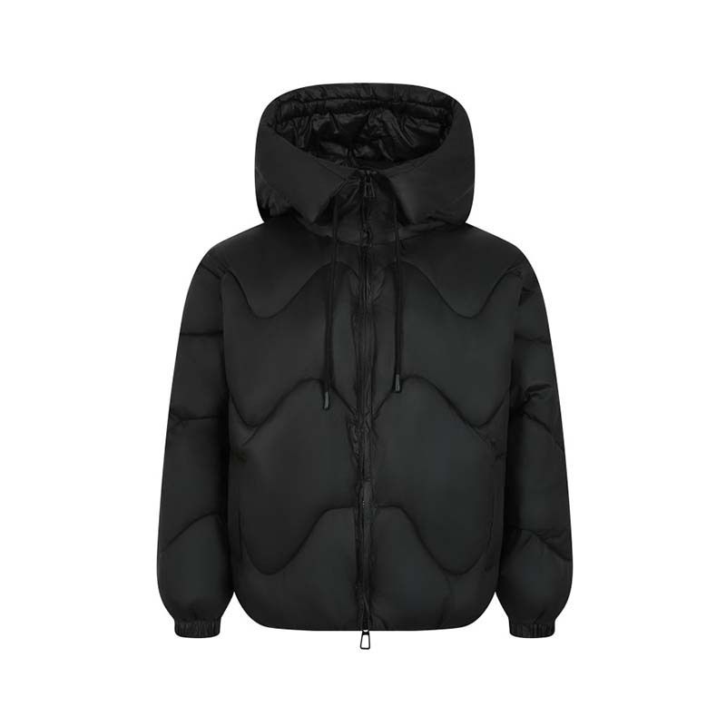 Men's Trendy Wave-Pattern Hooded Puffer Jacket, Winter Thickened Cotton Coat, Loose Fit, High Street Style, Black & Beige_voghion.com